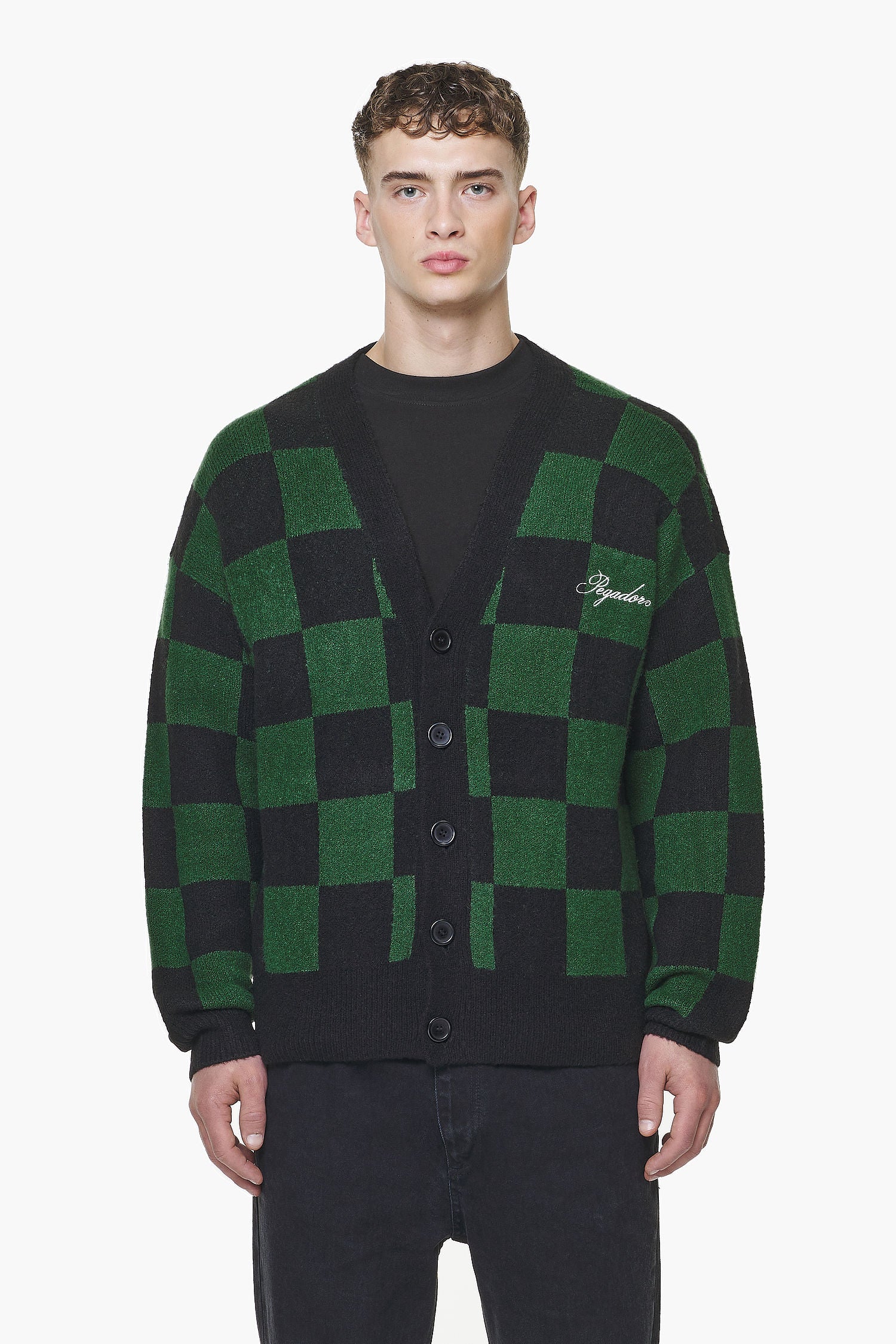 Pegador Todd Checkered Knit Cardigan Onyx Black British Green Hauptansicht aus der Built to Last Kollektion für Herren