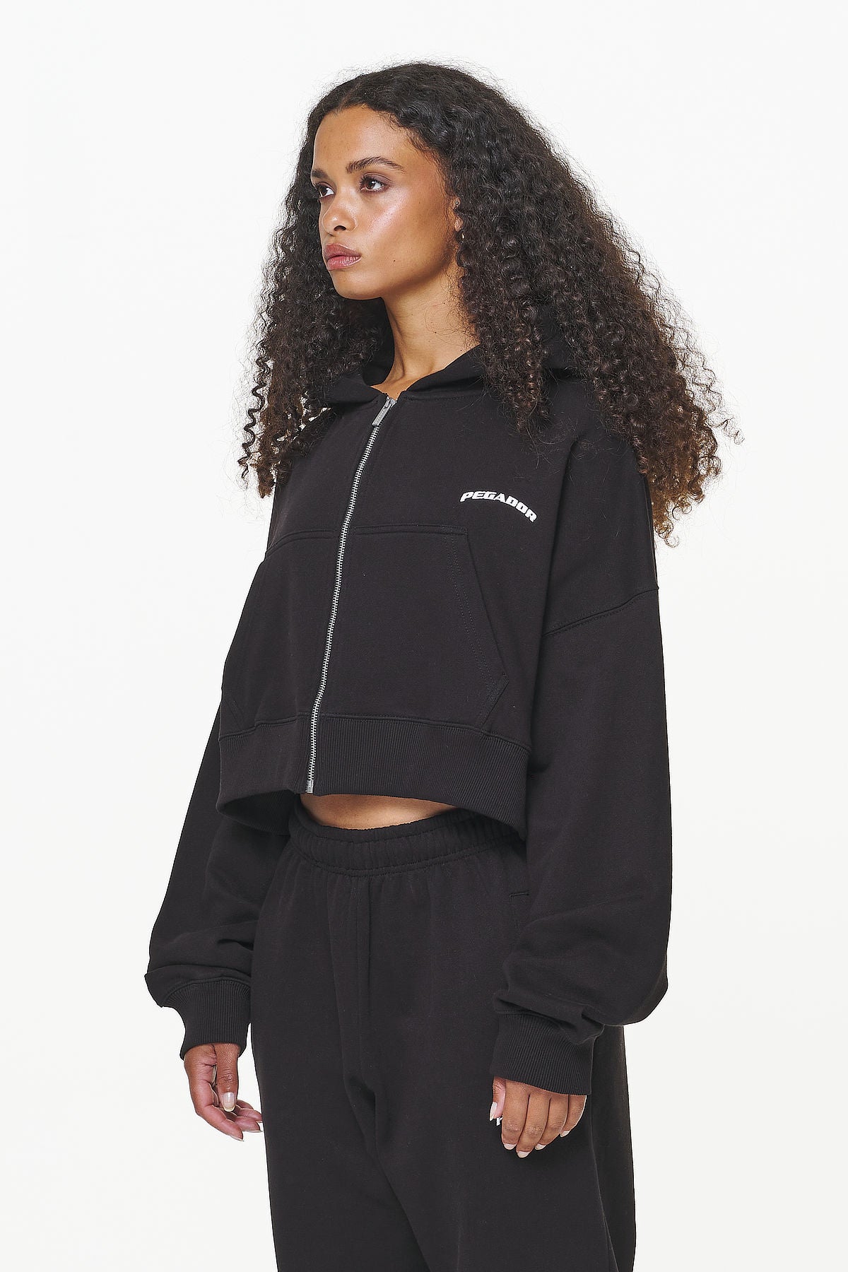 Pegador Dorset Cropped Zip Hoodie Black Seitenansicht aus der Built to Last Kollektion für DaHerren