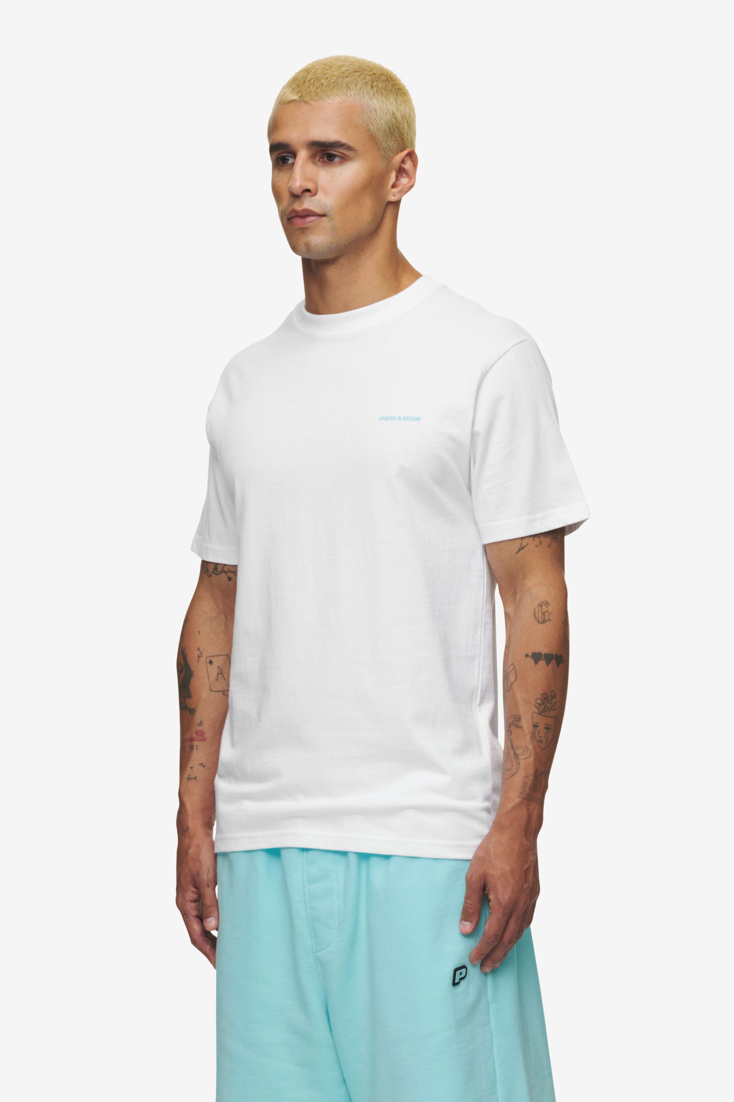 Pegador Logo Slim Tee White Sky Blue Seitenansicht aus der High summer Kollektion für Herren