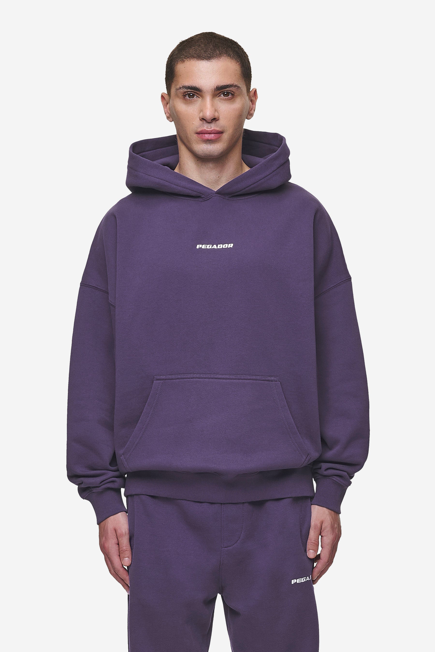 Pegador Logo Boxy Hoodie Washed Deep Purple Hauptansicht aus der Most Alive Kollektion für Herren