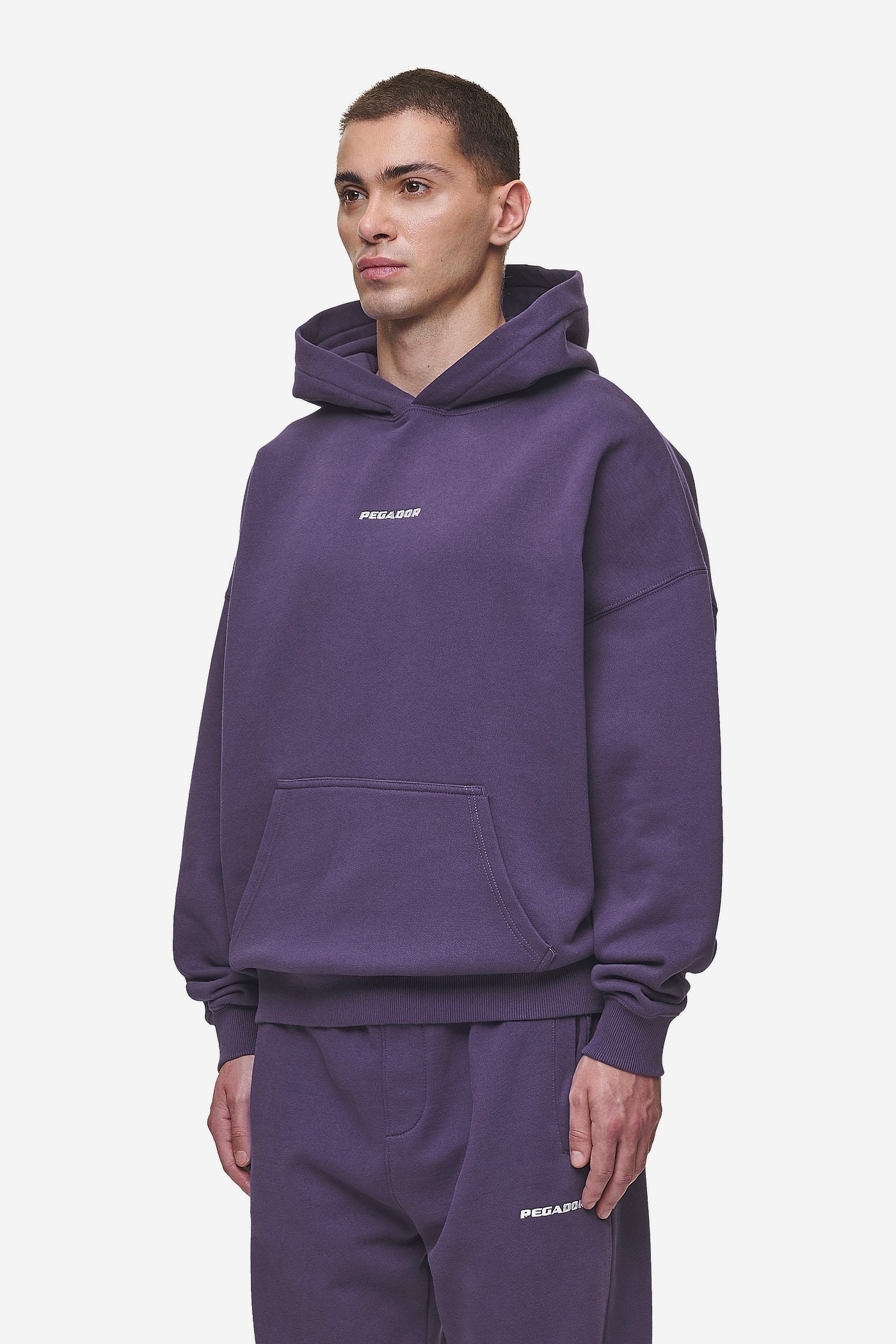 Pegador Logo Boxy Hoodie Washed Deep Purple Seitenansicht aus der Most Alive Kollektion für Herren