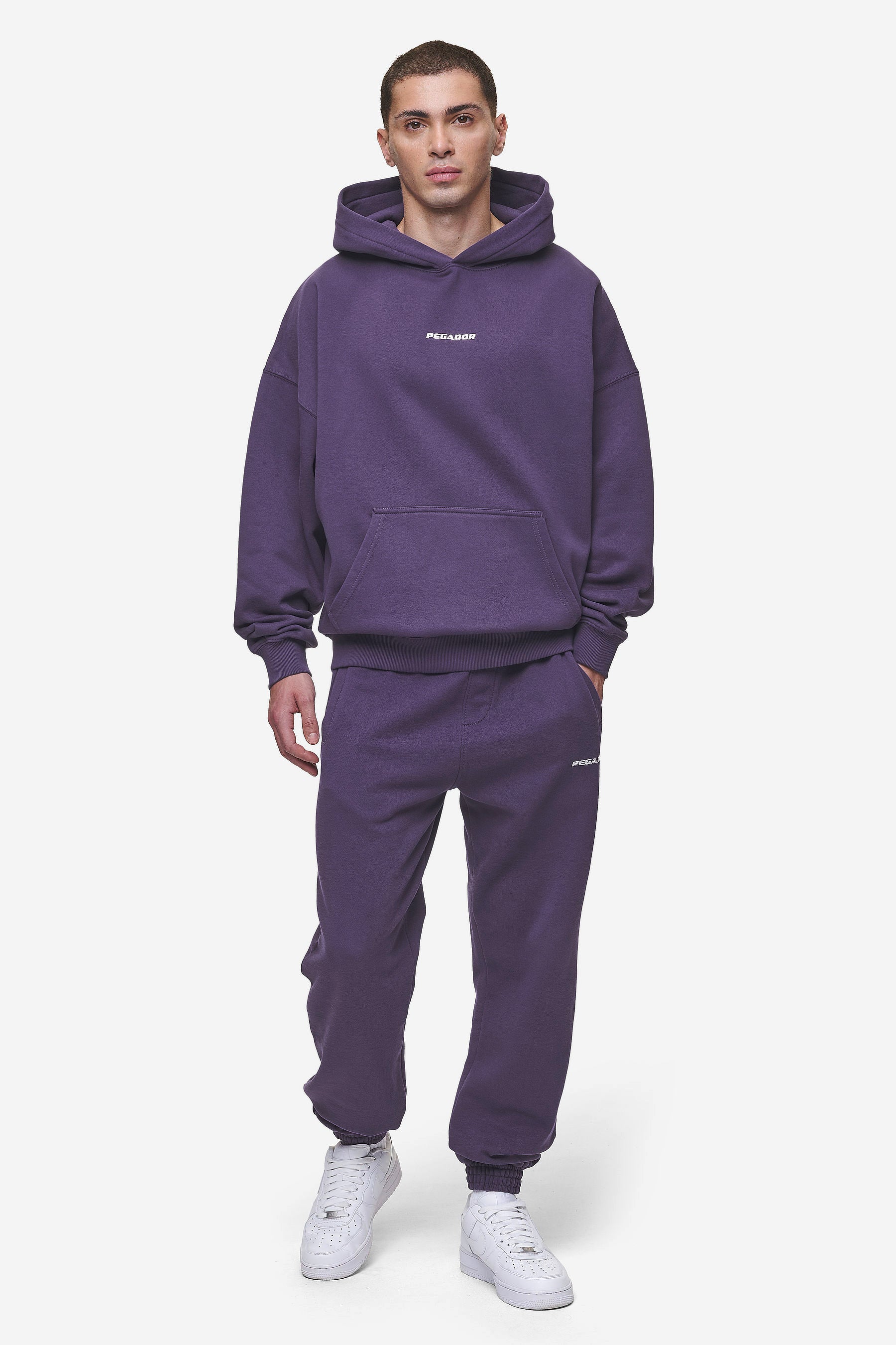 Pegador Logo Boxy Hoodie Washed Deep Purple Ganzkörper Bild aus der Most Alive Kollektion für Herren