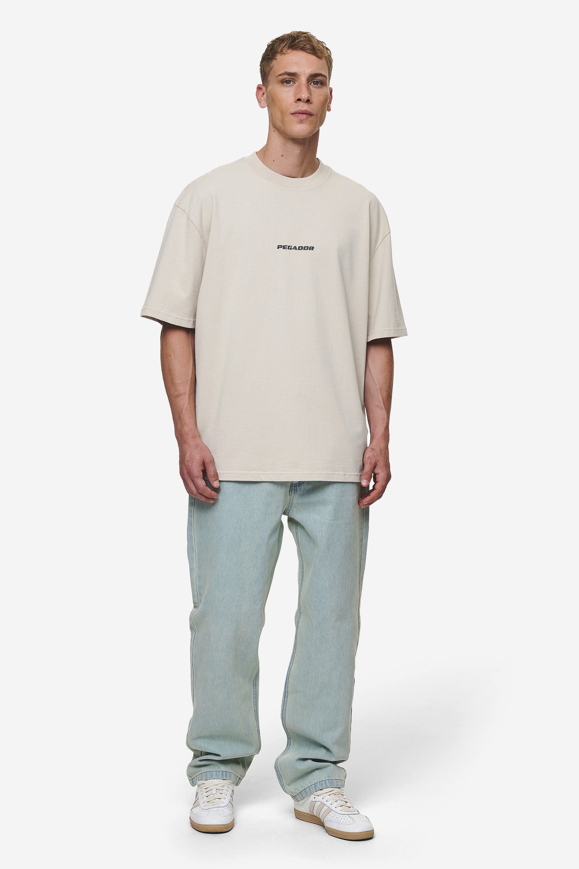 Pegador Colne Logo Oversized Tee Washed Light Beige Anthracite Ganzkörper Bild aus der Most Alive Kollektion für Herren