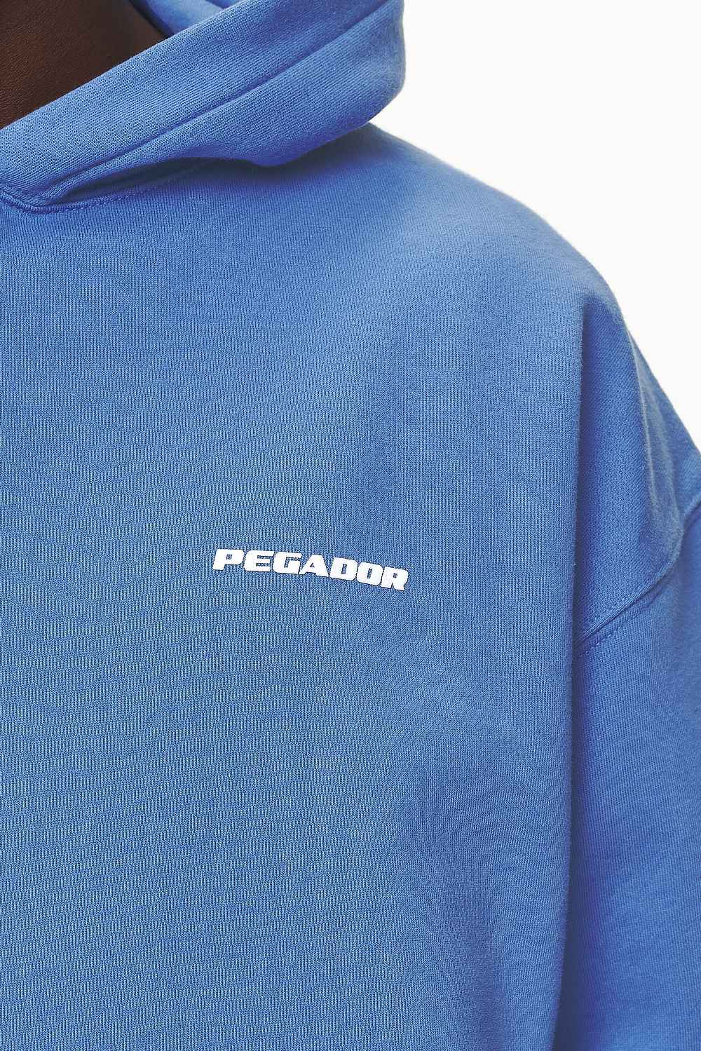 Pegador Logo Oversized Hoodie Washed Retro Blue White Gum Detailshot aus der Never Too Late Kollektion für Herren