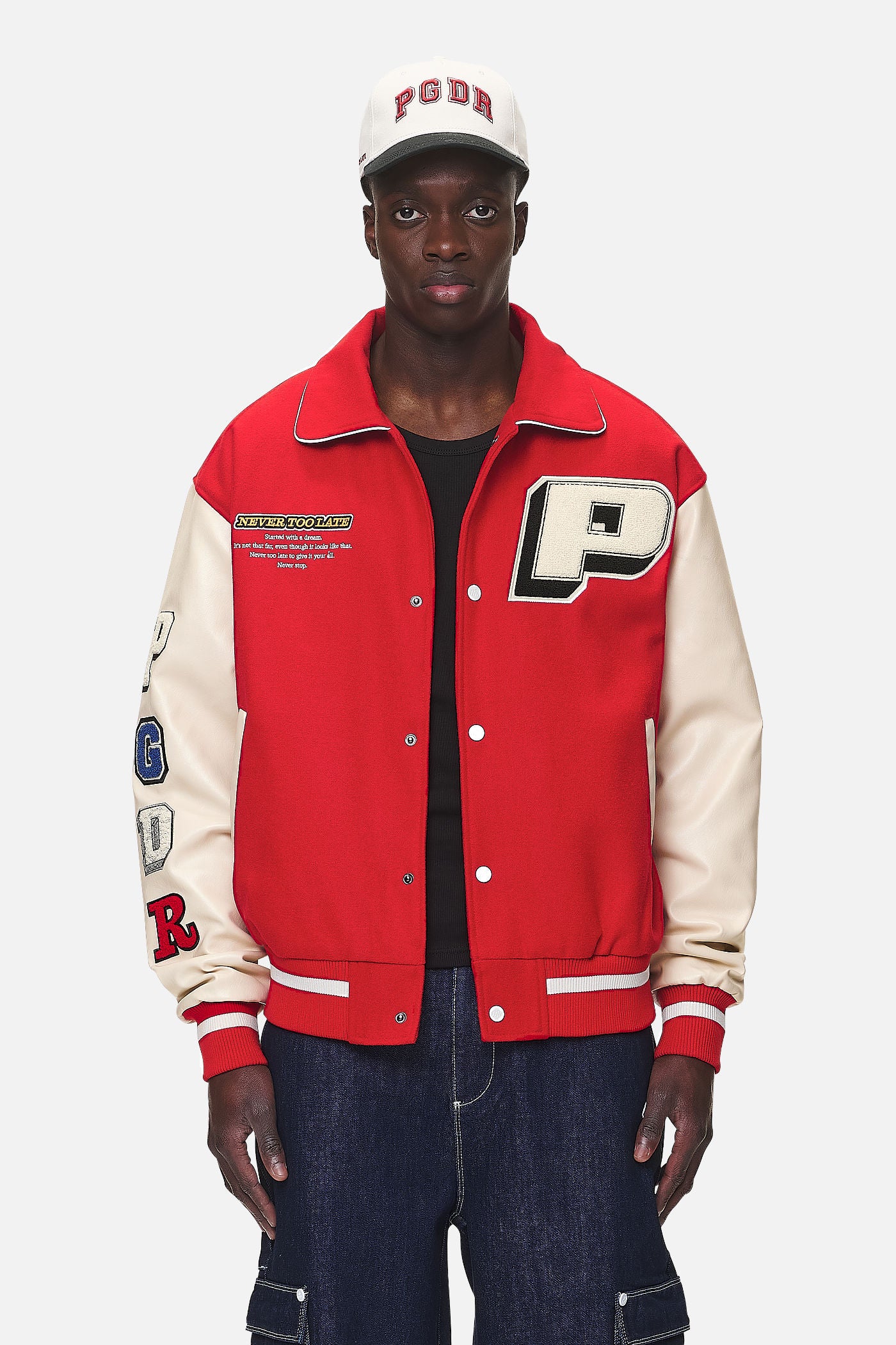 Pegador Oris Varsity Jacket Red Cream Hauptansicht aus der Never Too Late Kollektion für Herren