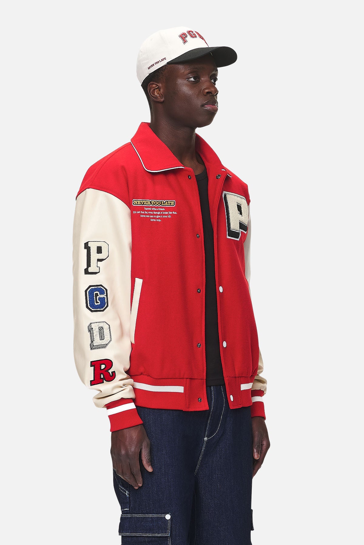 Pegador Oris Varsity Jacket Red Cream Seitenansicht aus der Never Too Late Kollektion für Herren