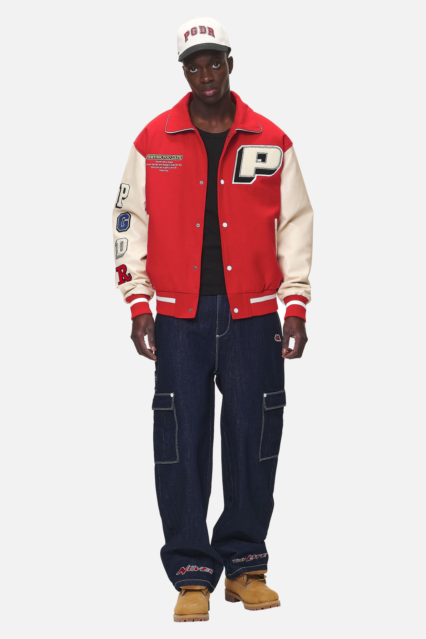 Pegador Oris Varsity Jacket Red Cream Ganzkörper Bild aus der Never Too Late Kollektion für Herren