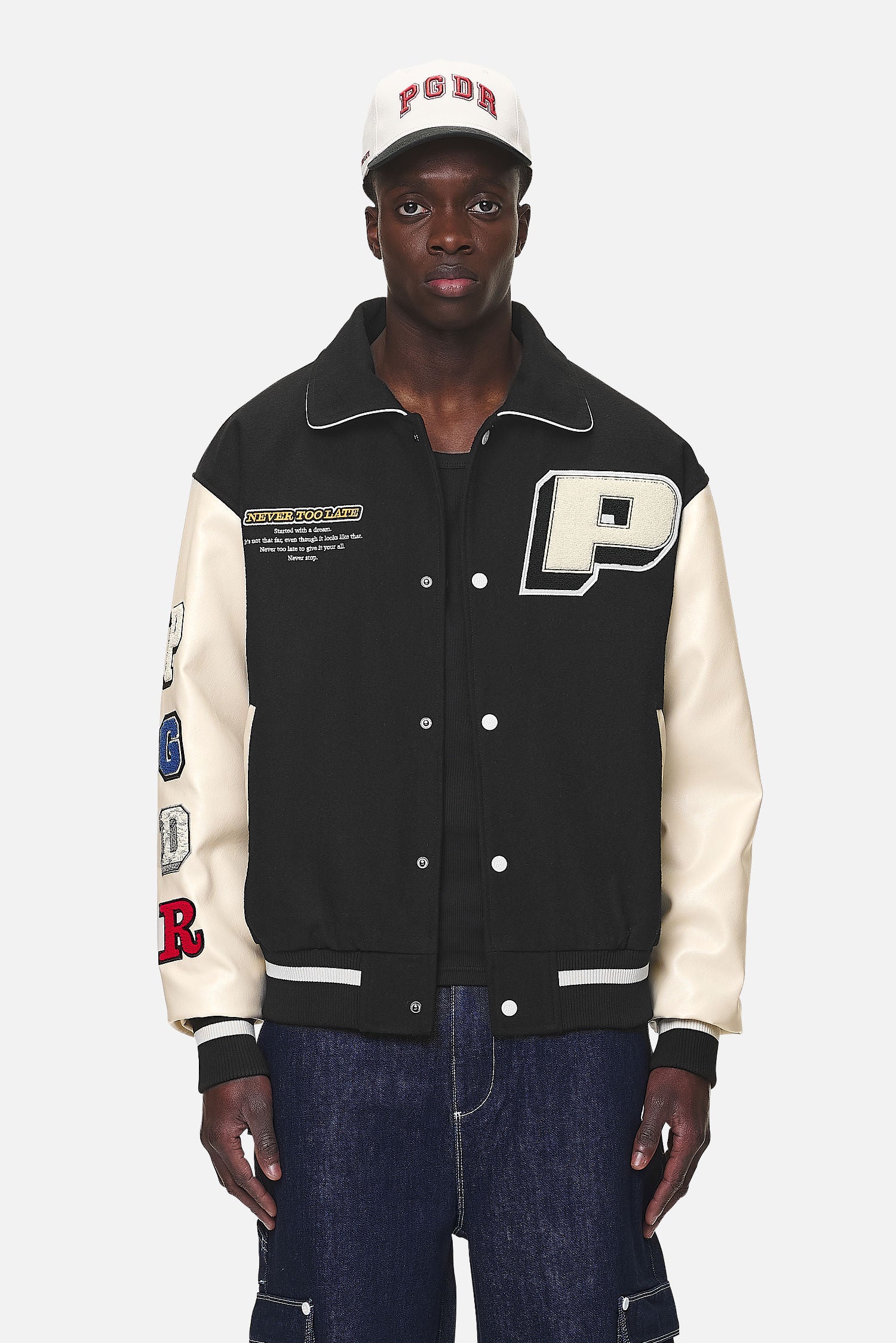 Pegador Oris Varsity Jacket Black Cream Hauptansicht aus der Never Too Late Kollektion für Herren