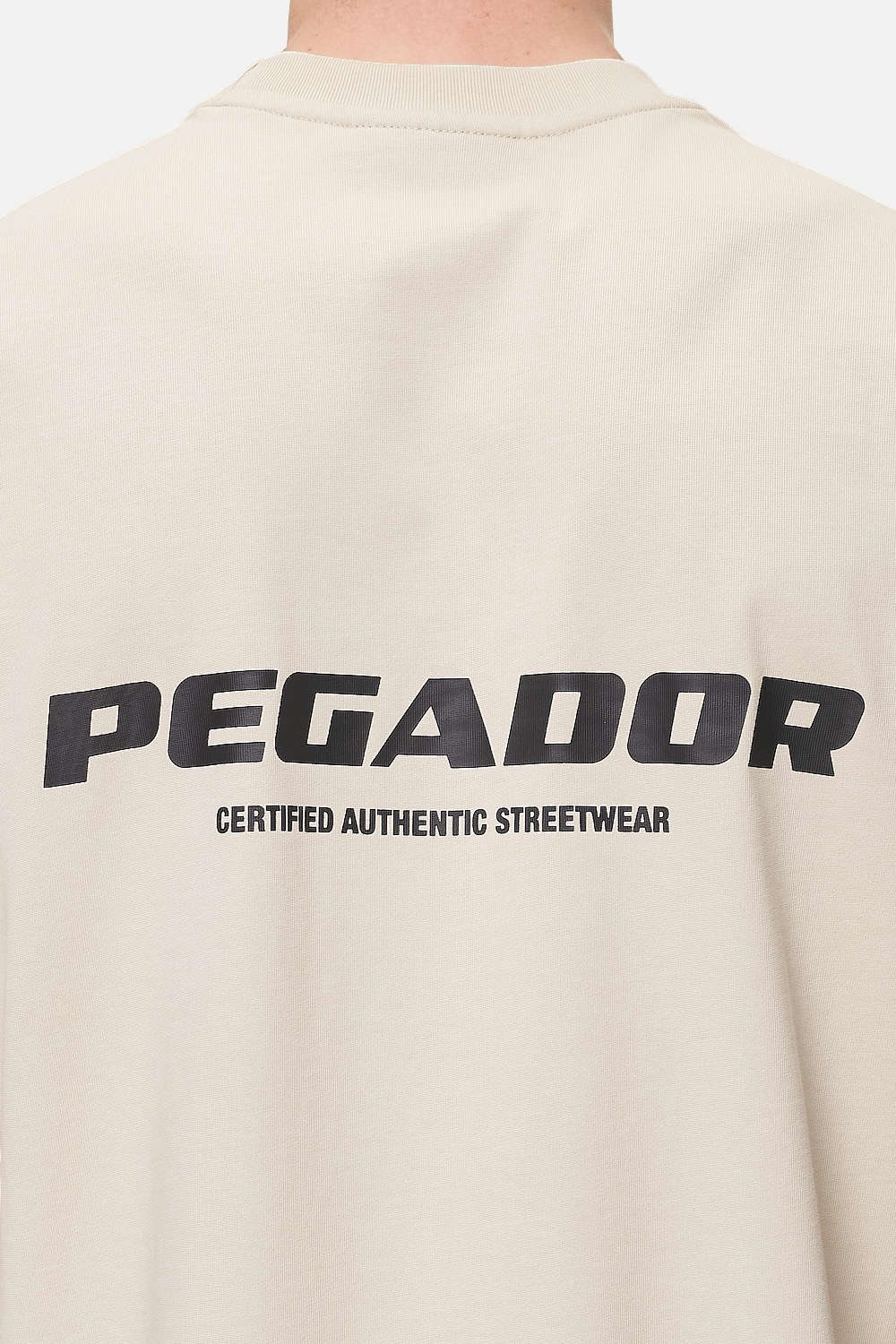 Pegador Colne Logo Oversized Tee Washed Desert Sand Detailshot aus der Never Too Late Kollektion für Herren