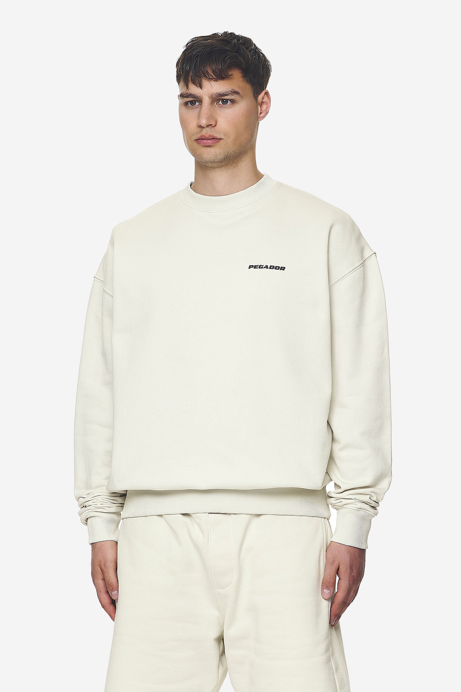 Pegador Logo Oversized Sweater Washed Salty Cream Black Gum Seitenansicht aus der Next Wave Kollektion für Herren