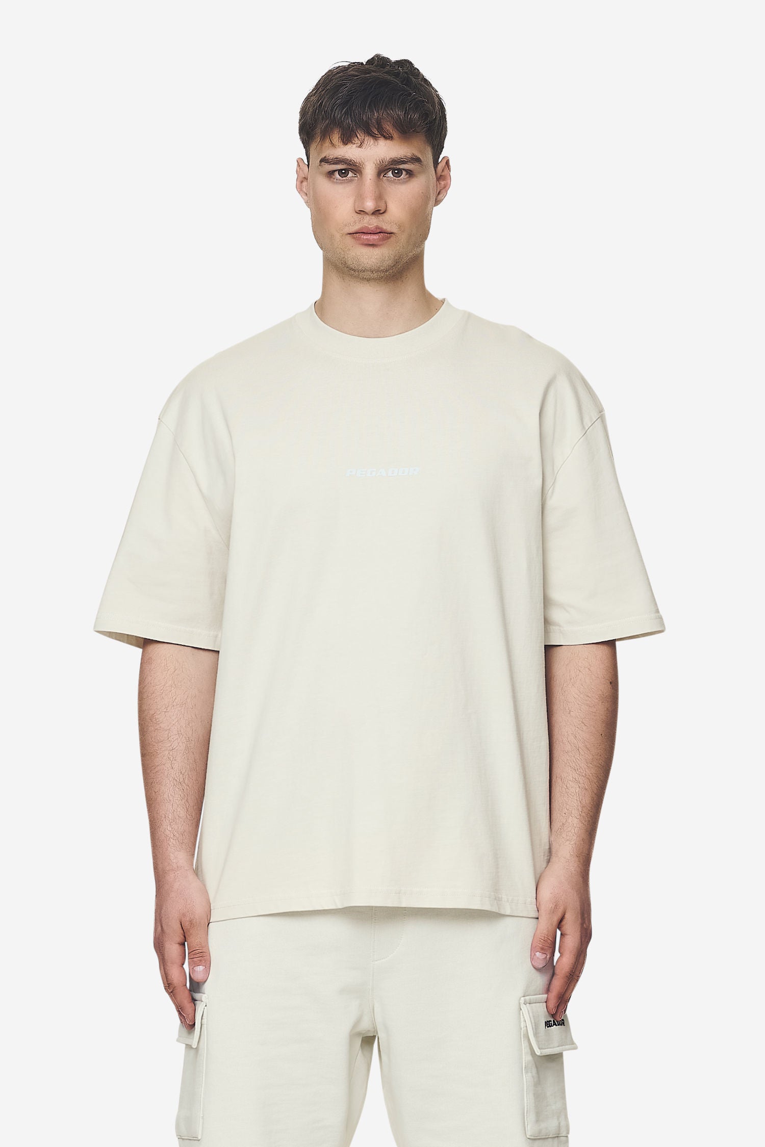 Pegador Colne Logo Oversized Tee Washed Salty Cream Baby Blue Seitenansicht aus der Next Wave Kollektion für Herren